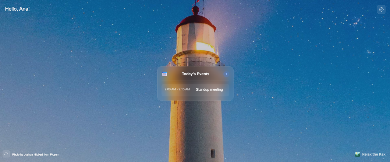 Relax the Kax new tab — a daily photo with today's calendar events
